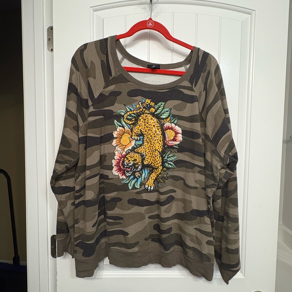 Torrid Camouflage Sweater with Embroidered Leopard Design